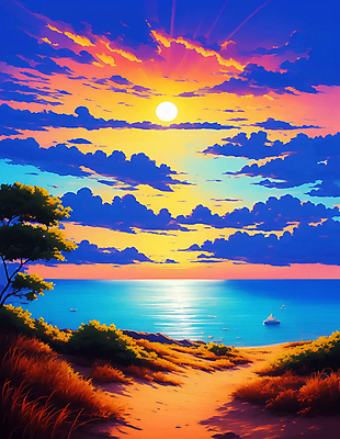 JPG 나무 구름 바다 일러스트 풍경 해변 사람없음 여름 태양 노을 일몰 국내일러스트 AI일러스트 AI콘텐츠 자연요소 식물 계절 파일형식