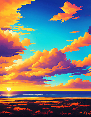 JPG 구름 바다 일러스트 풍경 해변 사람없음 여름 파란색 태양 노을 주황색 국내일러스트 AI일러스트 AI콘텐츠 자연요소 계절 컬러 파일형식