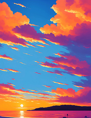 JPG 구름 바다 일러스트 풍경 해변 사람없음 여름 태양 노을 주황색 국내일러스트 AI일러스트 AI콘텐츠 자연요소 계절 컬러 파일형식