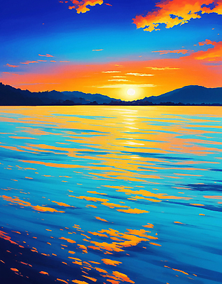 JPG 구름 바다 일러스트 풍경 해변 사람없음 여름 파란색 태양 노을 주황색 국내일러스트 AI일러스트 AI콘텐츠 자연요소 계절 컬러 파일형식