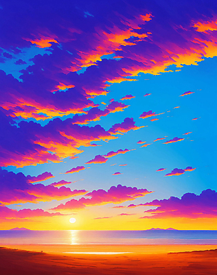 JPG 구름 바다 일러스트 풍경 해변 사람없음 여름 태양 노을 보라색 주황색 일몰 국내일러스트 AI일러스트 AI콘텐츠 자연요소 계절 컬러 파일형식