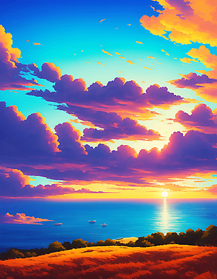 JPG 구름 바다 일러스트 풍경 해변 사람없음 여름 파란색 태양 노을 보라색 일몰 국내일러스트 AI일러스트 AI콘텐츠 자연요소 계절 컬러 파일형식