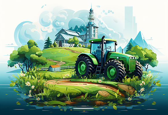 JPG 나무 일러스트 사람없음 건물 초록색 농장 농기구 트랙터 국내일러스트 AI일러스트 AI콘텐츠 식물 건축물 컬러 농업 농기계 특수차량 파일형식