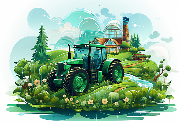 JPG 나무 일러스트 사람없음 건물 초록색 농장 농기구 트랙터 국내일러스트 AI일러스트 AI콘텐츠 식물 건축물 컬러 농업 농기계 특수차량 파일형식