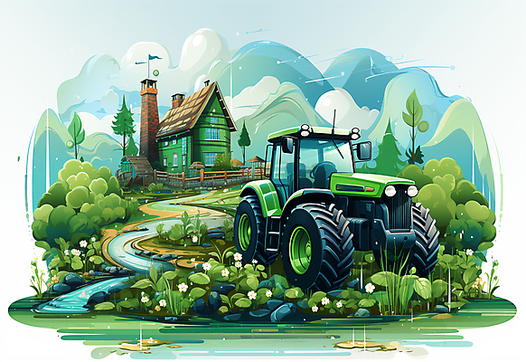 JPG 나무 일러스트 사람없음 건물 초록색 농장 농기구 트랙터 국내일러스트 AI일러스트 AI콘텐츠 식물 건축물 컬러 농업 농기계 특수차량 파일형식