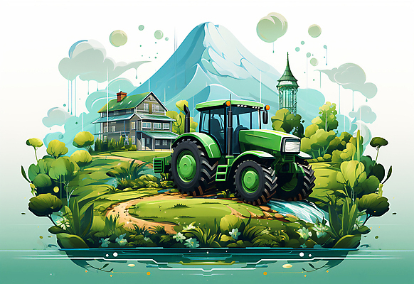 JPG 일러스트 산 사람없음 건물 초록색 농장 농기구 트랙터 국내일러스트 AI일러스트 AI콘텐츠 건축물 컬러 농업 농기계 특수차량 파일형식
