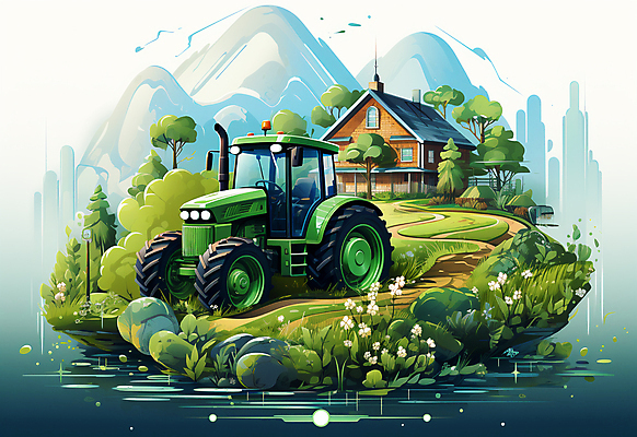 JPG 일러스트 산 사람없음 건물 초록색 농장 농부 농기구 트랙터 국내일러스트 AI일러스트 AI콘텐츠 직업 건축물 컬러 농업 농기계 특수차량 파일형식