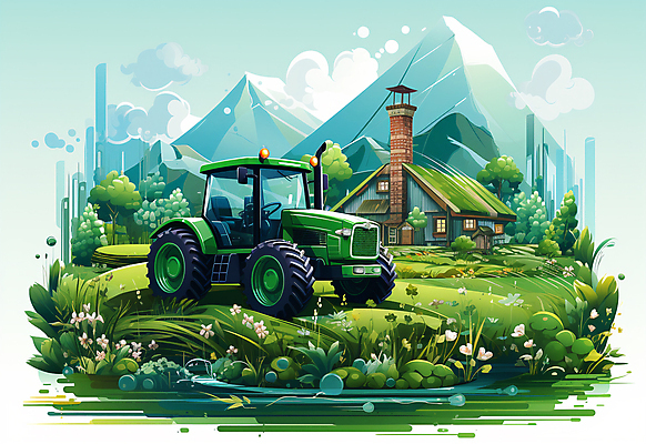 JPG 나무 일러스트 산 사람없음 건물 초록색 농장 농기구 트랙터 국내일러스트 AI일러스트 AI콘텐츠 식물 건축물 컬러 농업 농기계 특수차량 파일형식
