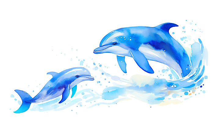 JPG 두마리 일러스트 붓터치 수채화 사람없음 파란색 바다동물 돌고래 번짐 손그림 국내일러스트 AI일러스트 AI콘텐츠 동물 바다 컬러 2 포유류 수중동물 파일형식 효과