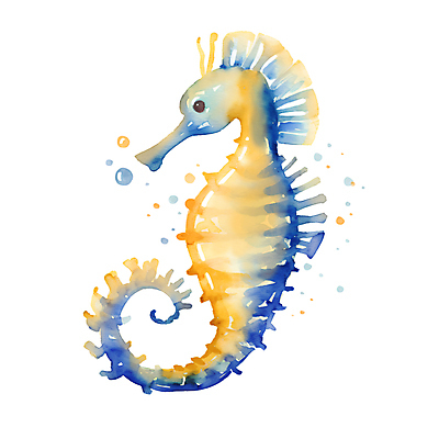 JPG 한마리 일러스트 붓터치 수채화 사람없음 파란색 노란색 바다동물 물거품 번짐 손그림 그라데이션 해마 국내일러스트 AI일러스트 AI콘텐츠 동물 1 바다 컬러 수중동물 거품 파일형식 효과