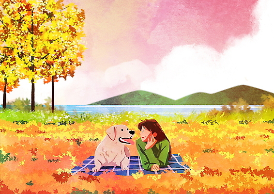 PSD 한마리 여자 반려견 여유 엎드리기 단풍 낙엽 일러스트 단풍나무 휴식 산 함께함 한명 초원 상반신 성인 반려동물 마주보기 턱괴기 가을 풀 강아지 강가 돗자리 메롱 성인여자한명만 국내일러스트 나무 식물 동물 1 계절 감정 컨셉 잎 모션 사람 강 개 여자한명만 성인여자만 파일형식