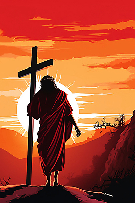 JPG 전신 나무 구름 남자 기독교 십자가 일러스트 한명 서기 성인 빨간색 태양 걷기 일몰 절벽 잡기 예수 가시면류관 성인남자한명만 국내일러스트 AI일러스트 AI콘텐츠 자연요소 식물 1 종교 컬러 종교용품 모션 사람 노을 신_종교 남자한명만 성인남자만 파일형식