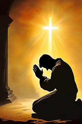 JPG 전신 남자 실루엣 기독교 십자가 일러스트 한명 성인 빛 반짝임 믿음 기도 기둥 무릎꿇기 신도 손모으기 후광 간절함 신앙심 회개 성인남자한명만 국내일러스트 AI일러스트 AI콘텐츠 1 건축 감정 종교 컨셉 모션 촬영기법 사람 손짓 남자한명만 성인남자만 파일형식