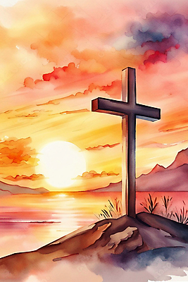 JPG 기독교 바다 십자가 일러스트 하늘 붓터치 수채화 풍경 사람없음 태양 주황색 일몰 풀 언덕 번짐 국내일러스트 AI일러스트 AI콘텐츠 자연요소 식물 종교 컬러 노을 파일형식 효과