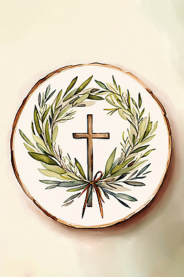 JPG 리본 기독교 십자가 일러스트 붓터치 수채화 사람없음 화환 원형 번짐 올리브잎 월계수 국내일러스트 AI일러스트 AI콘텐츠 도형 꽃 종교 잎 파일형식 효과