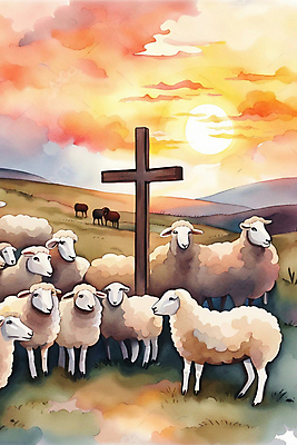 JPG 구름 기독교 십자가 여러마리 일러스트 하늘 붓터치 수채화 초원 사람없음 태양 일몰 목장 양 번짐 양떼 국내일러스트 AI일러스트 AI콘텐츠 자연요소 종교 다수 포유류 노을 파일형식 효과