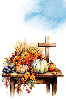 JPG 꽃 기독교 십자가 잎 일러스트 호박 포도 붓터치 수채화 사람없음 보리 번짐 추수감사절 나무탁자 국내일러스트 AI일러스트 AI콘텐츠 식물 종교 채소 과일 탁자 곡류 파일형식 효과