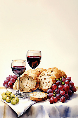 JPG 기독교 빵 와인잔 일러스트 식탁 포도 붓터치 단면 수채화 사람없음 와인 식탁보 청포도 번짐 성찬식 국내일러스트 AI일러스트 AI콘텐츠 종교 음식 술잔 과일 탁자 주류 파일형식 효과