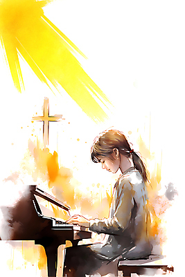 JPG 여자 기독교 어린이 십자가 연주 일러스트 붓터치 수채화 한명 앉기 소녀 상반신 눈감음 피아노 신도 번짐 신앙심 소녀한명만 국내일러스트 AI일러스트 AI콘텐츠 1 종교 음악 모션 사람 건반악기 여자한명만 소녀만 파일형식 효과