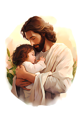 JPG 남자 기독교 일러스트 포옹 상반신 성인 두명 눈감음 다정 아기 예수 국내일러스트 AI일러스트 AI콘텐츠 종교 컨셉 안기 모션 사람 신_종교 파일형식