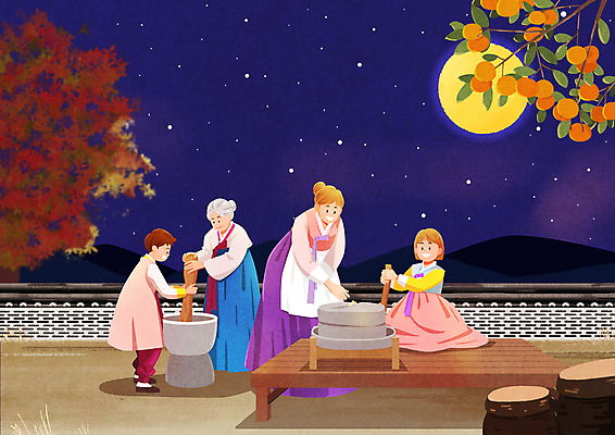 전신 PSD 여자 노년 남자 어린이 일러스트 가족 밤하늘 단풍나무 함께함 숙이기 감 서기 앉기 소녀 소년 여러명 성인 추석 보름달 시골 항아리 한복 감나무 절구 평상 요리중 고향 맷돌 돌리기 떡메치기 절굿공이 기와담장 국내일러스트 나무 한국전통 명절 포즈 다수 컨셉 단풍 과일 관계 모션 하늘 기와 사람 담장 달 도구 도자기 야간 전통의상 파일형식