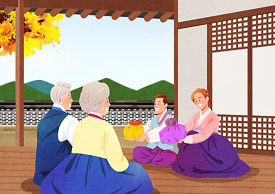 전신 PSD 여자 할아버지 노년 남자 딸 아들 할머니 일러스트 가족 단풍나무 산 기와집 들기 앉기 여러명 성인 부모 마주보기 추석 한복 보따리 주기 시골집 고향 추석선물 기와담장 국내일러스트 나무 한국전통 명절 다수 단풍 관계 모션 한옥 주택 기와 선물 사람 담장 전통의상 파일형식 명절선물