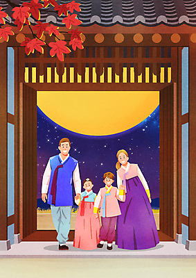 전신 PSD 여자 남자 어린이 단풍 일러스트 가족 밤하늘 기와 기와집 서기 소녀 소년 여러명 성인 걷기 추석 손잡기 보름달 한복 대문 방문 고향 귀성길 국내일러스트 한국전통 명절 다수 잎 관계 모션 하늘 한옥 사람 문 달 야간 전통의상 파일형식