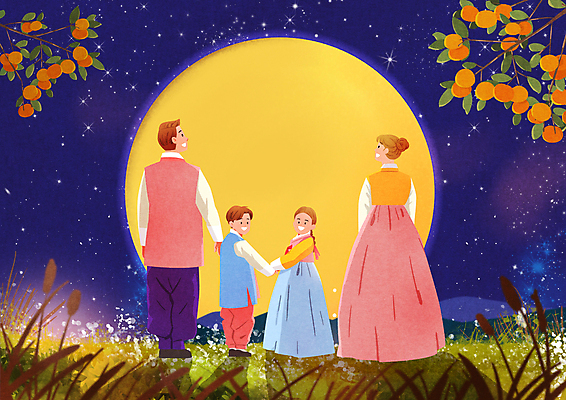 전신 PSD 여자 남자 어린이 일러스트 가족 밤하늘 서기 소녀 소년 초원 여러명 성인 추석 손잡기 올려보기 보름달 가을 뒤돌아보기 한복 달빛 감나무 강아지풀 국내일러스트 나무 식물 한국전통 계절 명절 다수 관계 모션 하늘 감 사람 달 야간 전통의상 한해살이풀 파일형식