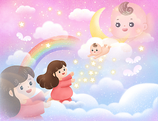 전신 PSD 구름 여자 별 분홍색 무지개 날개 일러스트 하늘 엄마 앉기 성인 두명 임산부 임신 만남 달 비행 아기 무릎꿇기 손뻗기 국내일러스트 자연요소 컬러 컨셉 가족 모션 사람 파일형식