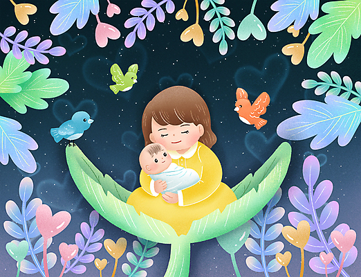 전신 PSD 여자 잎 일러스트 안기 조류 밤하늘 엄마 세마리 사랑 앉기 성인 두명 새싹 눈감음 하트 아기 풀 남색 국내일러스트 모양 식물 동물 감정 컬러 가족 모션 하늘 3 사람 야간 파일형식