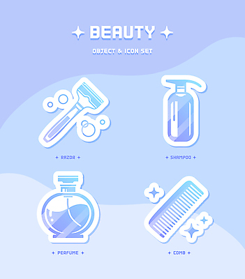 아이콘 사람없음 파란색 반짝임 뷰티 거품 머리빗 향수 면도기 샴푸 공병 2D아이콘 AI파일 컬러 모션 위생용품 화장품 미용용품 병_담는 파일형식 벡터