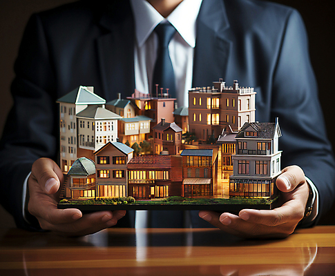 JPG 편집이미지 남자 비즈니스 부동산 주택 한명 들기 정장 상반신 성인 미니어처 건축모형 성인남자한명만 편집실사 AI인물포토 AI콘텐츠 1 옷 모션 사람 건물 모형 재산 CG 남자한명만 성인남자만 파일형식 AI포토