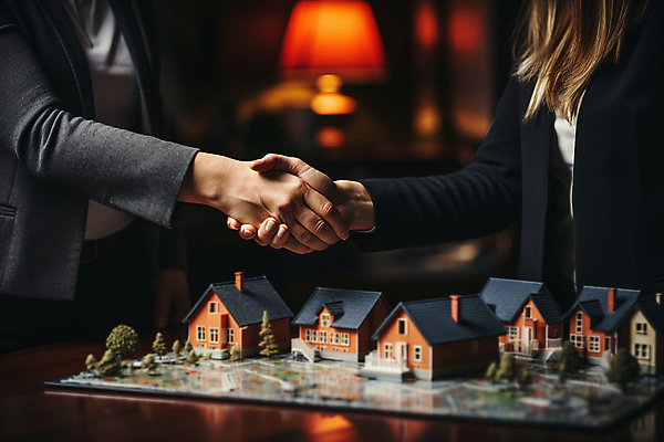 JPG 편집이미지 여자 남자 비즈니스 부동산 악수 협상 정장 상반신 성인 두명 미니어처 계약 문서 건축모형 계약서 계약체결 성인만 편집실사 AI인물포토 AI콘텐츠 옷 사람 손짓 모형 재산 CG 파일형식 AI포토