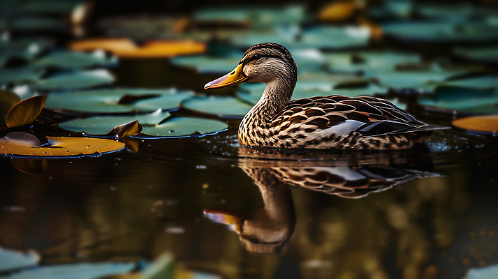 JPG 편집이미지 한마리 호수 자연 오리 풍경 사람없음 반사 디지털합성 연잎 편집소스 편집실사 AI포토 AI콘텐츠 1 잎 조류 CG 생태계 파일형식