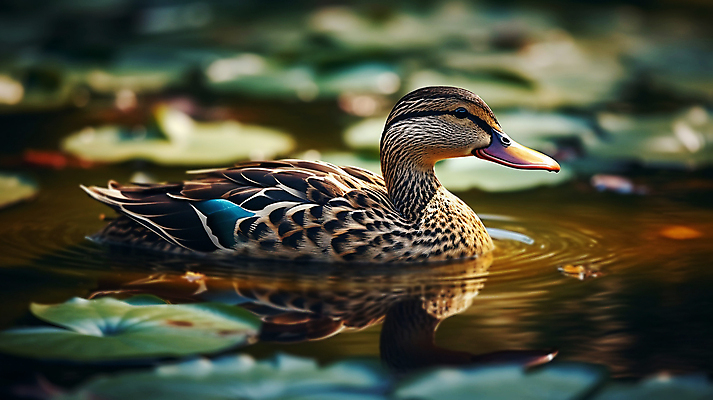 JPG 편집이미지 한마리 호수 자연 오리 풍경 사람없음 반사 디지털합성 연잎 편집소스 편집실사 AI포토 AI콘텐츠 1 잎 조류 CG 생태계 파일형식