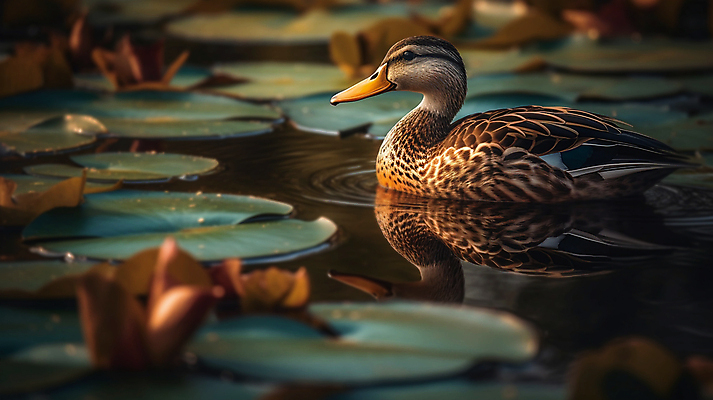 JPG 편집이미지 한마리 호수 자연 오리 풍경 사람없음 디지털합성 연잎 편집소스 편집실사 AI포토 AI콘텐츠 1 잎 조류 CG 생태계 파일형식