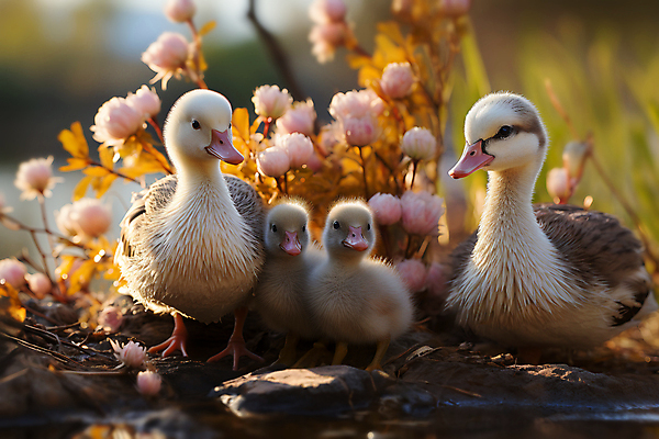 JPG 편집이미지 꽃 새끼 여러마리 가족 자연 오리 풍경 사람없음 디지털합성 편집소스 편집실사 AI포토 AI콘텐츠 식물 동물 다수 관계 조류 CG 생태계 파일형식