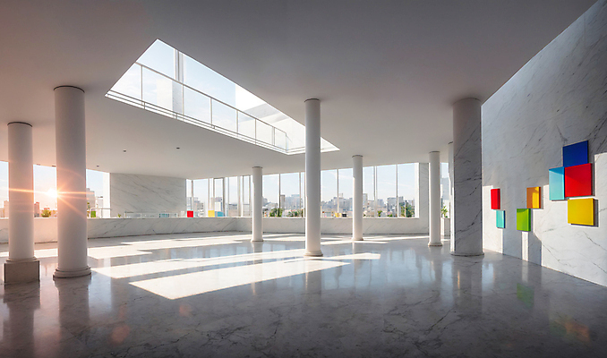 JPG 편집이미지 액자 창문 사람없음 인테리어 햇빛 태양 공간 기둥 미술관 디지털합성 모던 천장 대리석 편집소스 편집실사 AI포토 AI콘텐츠 자연요소 디자인 건축 재료 CG 파일형식