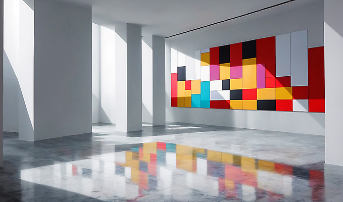 JPG 편집이미지 사람없음 인테리어 햇빛 반사 사각형 공간 기둥 미술관 디지털합성 모던 그림 작품 대리석 편집소스 편집실사 AI포토 AI콘텐츠 도형 디자인 건축 재료 미술 태양 CG 파일형식