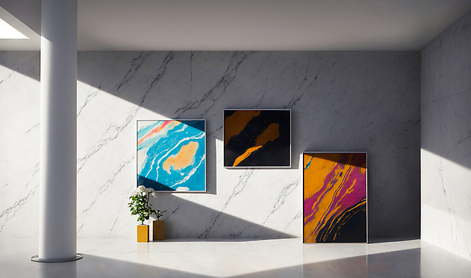 JPG 편집이미지 화분 액자 사람없음 인테리어 햇빛 공간 기둥 미술관 디지털합성 모던 그림 작품 대리석 편집소스 편집실사 AI포토 AI콘텐츠 디자인 건축 재료 미술 태양 CG 파일형식