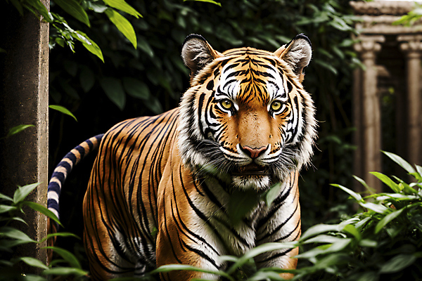 JPG 편집이미지 한마리 야생동물 자연 나뭇잎 사람없음 기둥 호랑이 숲속 숲 맹수 편집실사 AI포토 AI콘텐츠 동물 1 건축 잎 포유류 CG 생태계 파일형식