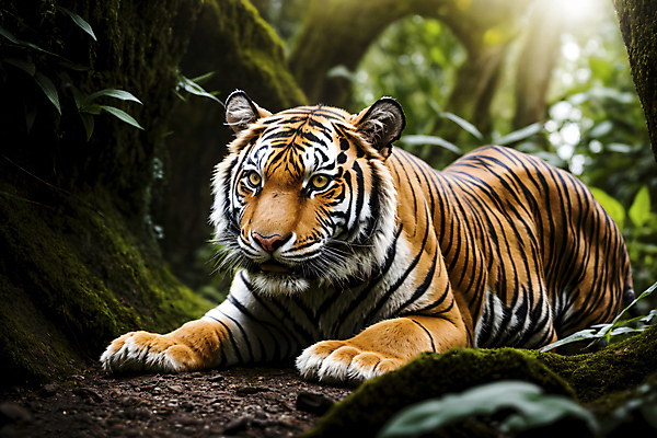 JPG 편집이미지 한마리 야생동물 자연 나뭇잎 사람없음 햇빛 흙 호랑이 숲속 숲 맹수 편집실사 AI포토 AI콘텐츠 동물 1 잎 포유류 태양 CG 생태계 파일형식