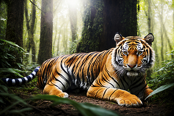 JPG 나무 편집이미지 한마리 야생동물 자연 나뭇잎 사람없음 햇빛 호랑이 숲속 숲 맹수 편집실사 AI포토 AI콘텐츠 식물 동물 1 잎 포유류 태양 CG 생태계 파일형식