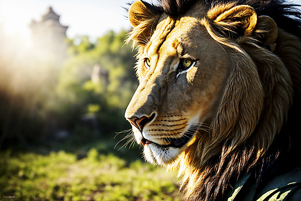 JPG 편집이미지 한마리 야생동물 자연 사람없음 햇빛 숲속 숲 사자 맹수 편집실사 AI포토 AI콘텐츠 동물 1 포유류 태양 CG 생태계 파일형식