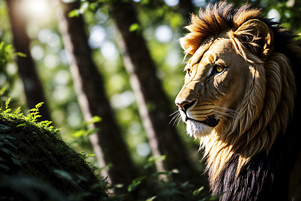 JPG 나무 편집이미지 한마리 야생동물 자연 이끼 사람없음 햇빛 숲속 숲 사자 맹수 편집실사 AI포토 AI콘텐츠 식물 동물 1 포유류 태양 CG 생태계 파일형식
