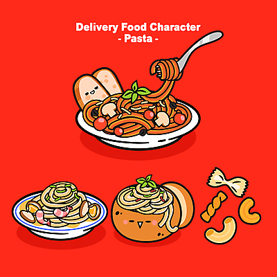 접시 포크 일러스트 파스타 스파게티 사람없음 빨간색 바게트 음식캐릭터 리가토니 마카로니 배달음식 봉골레파스타 파르팔레 빠네 푸질리 월간캐릭터 일러캐릭터 AI파일 캐릭터 식기 음식 빵 컬러 식재료 서양음식 배달 파스타면 파일형식 벡터
