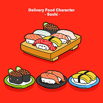 접시 일러스트 사람없음 빨간색 음식캐릭터 나무판자 알초밥 계란초밥 배달음식 연어초밥 일본음식 참치초밥 월간캐릭터 일러캐릭터 AI파일 캐릭터 식기 음식 컬러 목재 초밥 배달 연어 파일형식 벡터