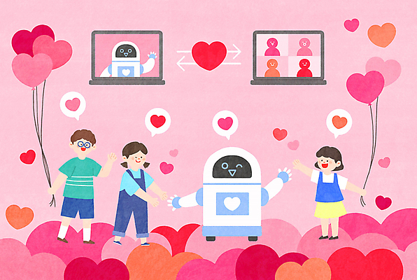 전신 PSD 여자 남자 화살표 어린이 분홍색 일러스트 함께함 사랑 들기 소녀 소년 세명 노트북 손들기 화목 하트 인사 로봇 하트풍선 풍선잡기 화상통화 어린이만 AI_인공지능 국내일러스트 모양 감정 컬러 컨셉 모션 사람 전자제품 예절 잡기 풍선 통화 파일형식