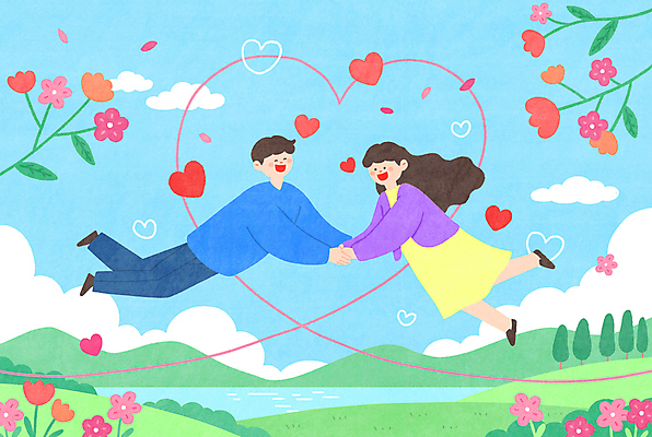 전신 PSD 나무 구름 커플 공원 여자 남자 꽃 호수 선 하늘색 일러스트 하늘 산 사랑 성인 두명 공중 손잡기 화목 다정 산책 하트 비행 성인만 국내일러스트 자연요소 모양 식물 공공시설 감정 컨셉 관계 모션 휴식 사람 파란색 파일형식