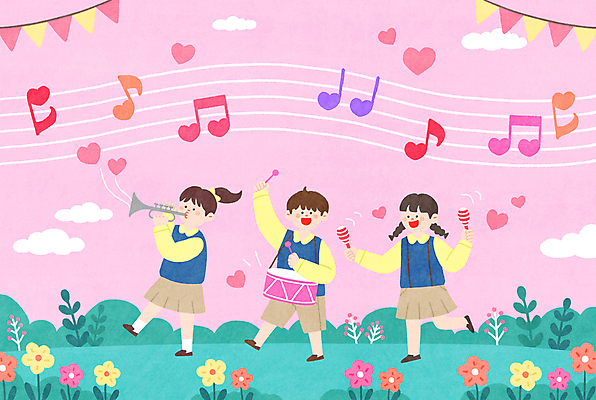 전신 PSD 구름 여자 남자 꽃 어린이 분홍색 잎 연주 음표 일러스트 하늘 함께함 사랑 소녀 소년 세명 우정 하트 악단 북 트럼펫 합주 가랜드 마라카스 선율 행진 어린이만 국내일러스트 자연요소 모양 식물 기호 감정 음악 컬러 컨셉 모션 타악기 사람 친구 금관악기 파티용품 파일형식